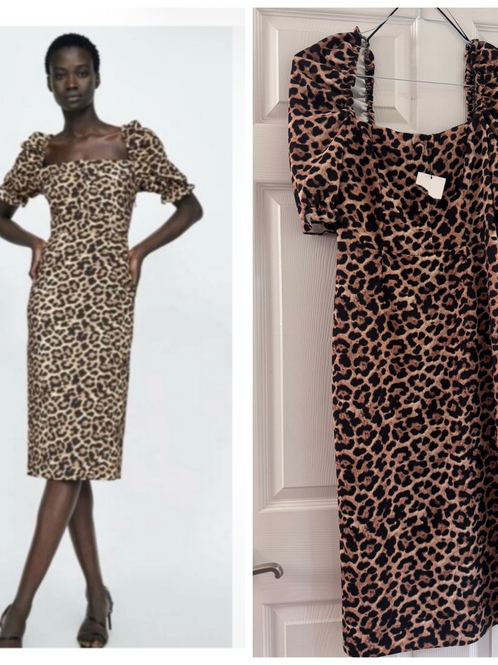 Zara Leopard Print Puff Sleeve Midi Dress - Black & Brown